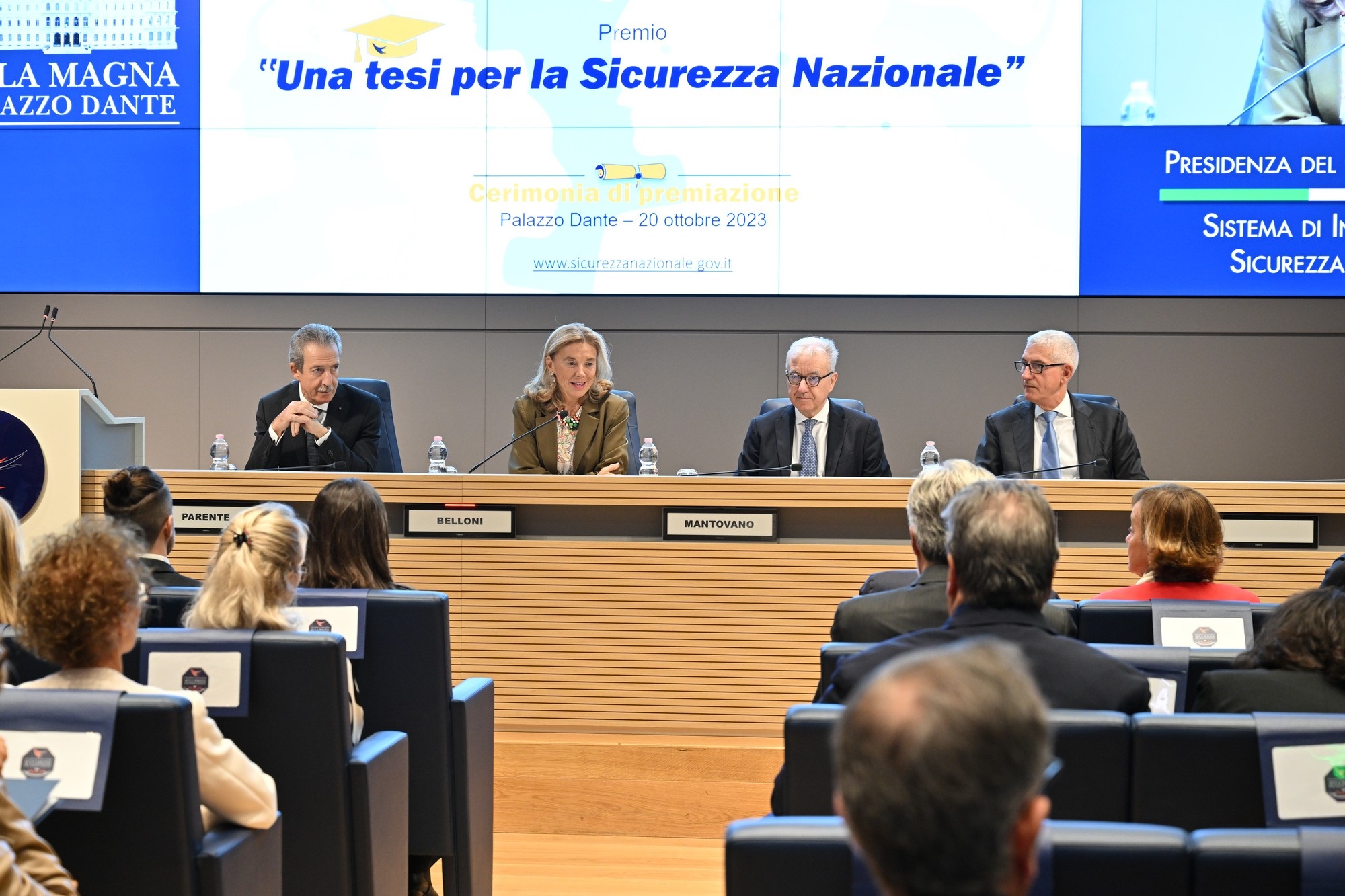 From left to right: - Mario Parente, AISI Director - Elisabetta Belloni, DIS General Director - Alfredo Mantovano, Delegated Authority for the Security of the Republic - Giovanni Caravelli, AISE Director